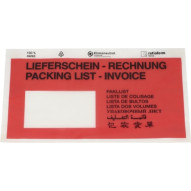 ratioform Buste portadocumenti in carta, stampa Packing list – Invoice, conf. da 1000 pz., lungh. x largh. 240 x 131 mm, rosso, a partire da 10 conf.
