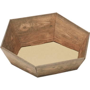 Cesto per confezioni regalo, esagonale, effetto legno, dimensioni interne 266 x 270 mm, altezza variabile 52 – 92 mm, a partire da 80 pz.