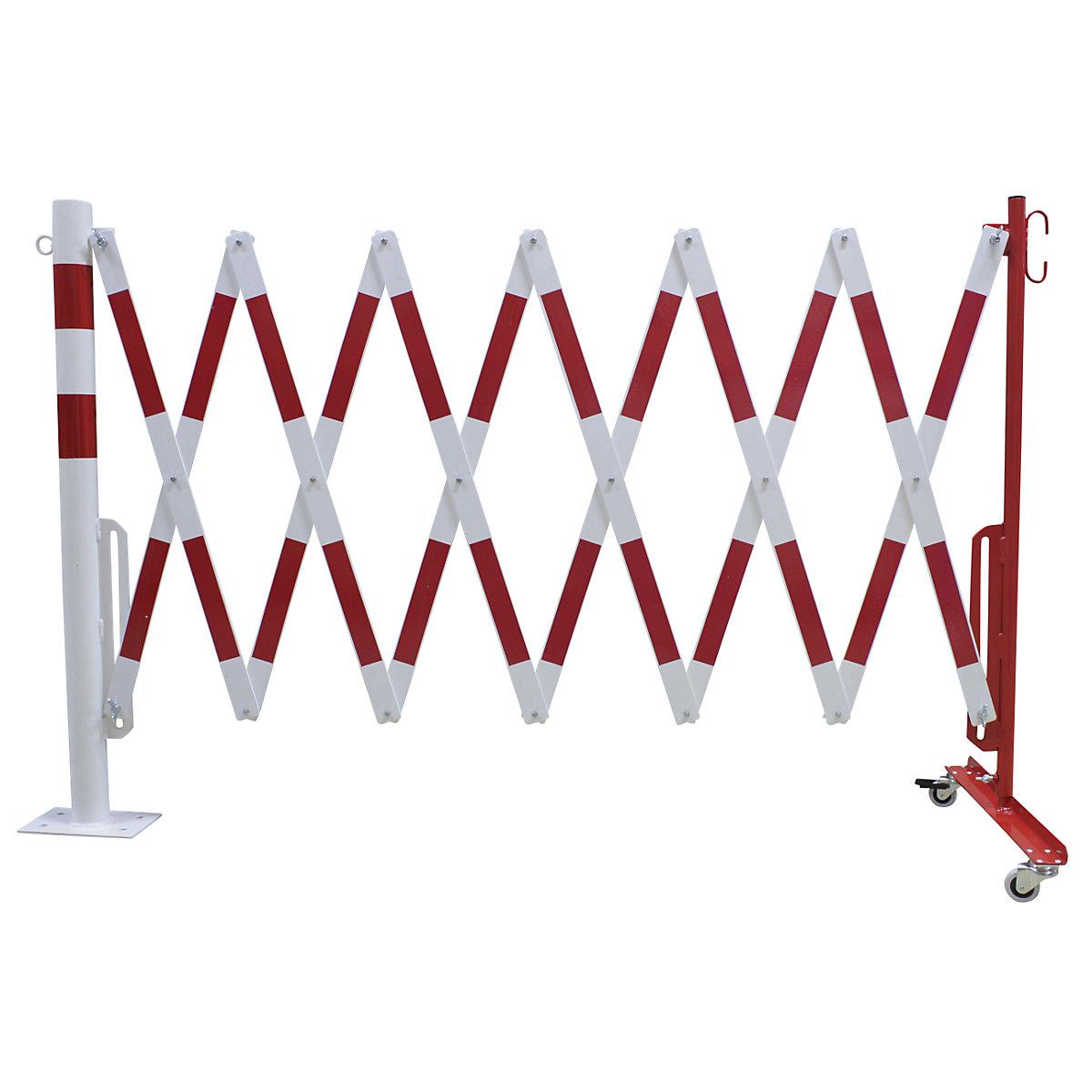 Afzetpaal met schaarhek, ronde buis Ø 60 mm, voor bouwbevestiging, reflecterend, rood/wit, lengte max. 4000 mm-4