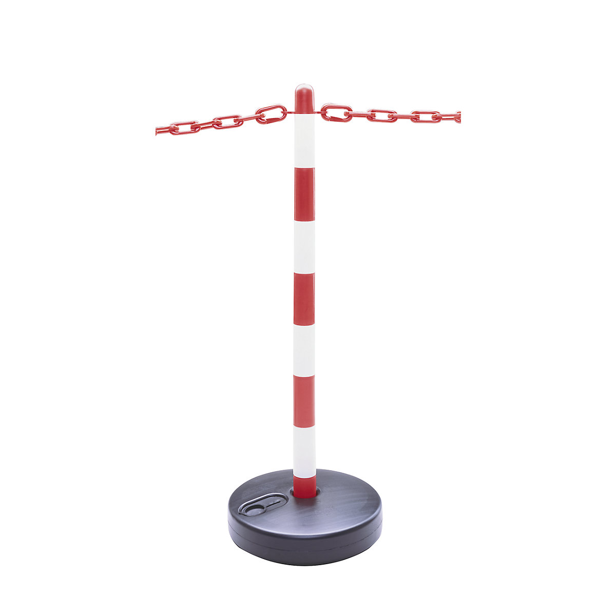 Kettingstandaardset, ronde kunststofvoet, vulbaar, 6 palen, ketting 10 m, rood / wit