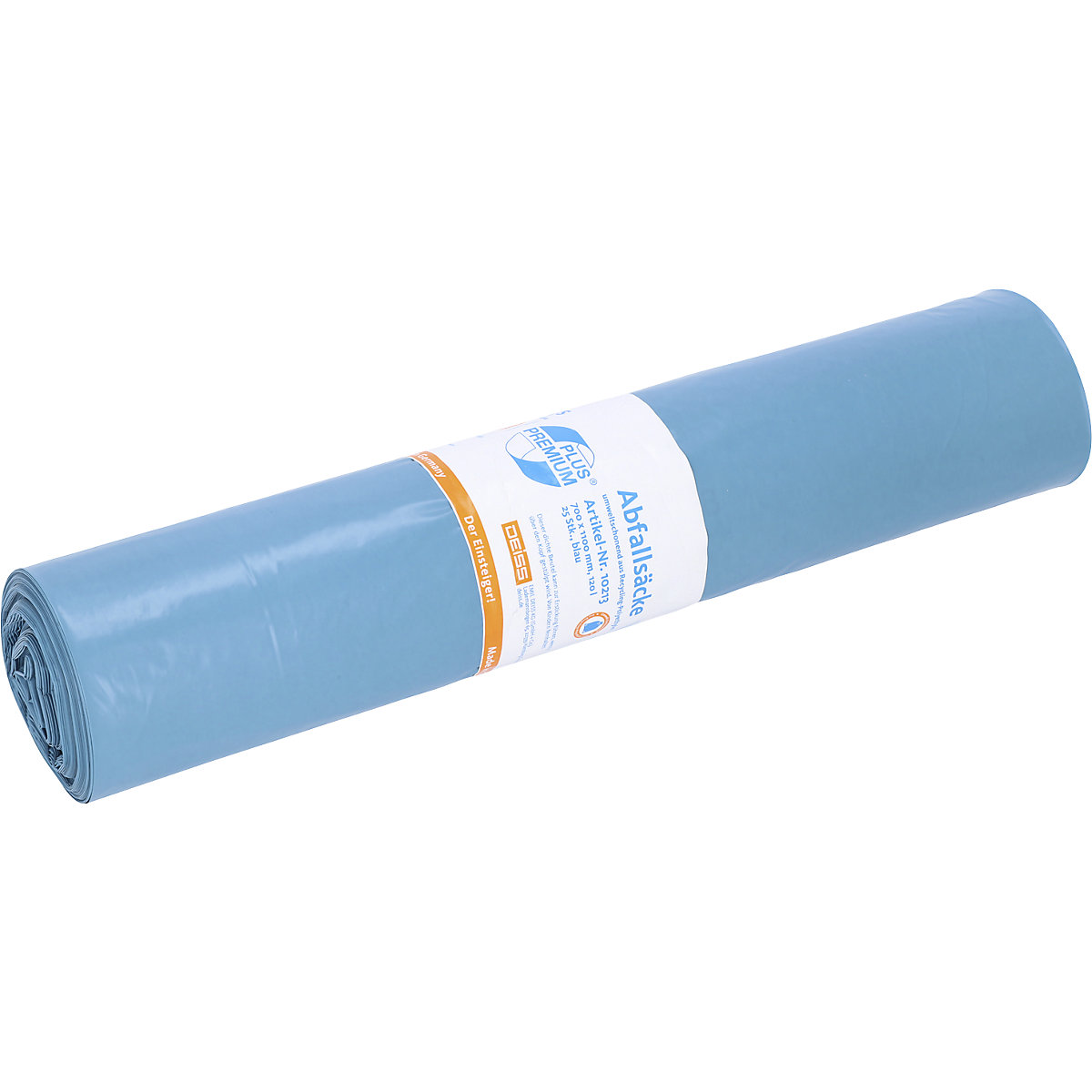 Deiss Abfallsäcke PREMIUM PLUS, 120 l, klimaneutral, blau, VE 250 Stk, BxH 700 x 1100 mm, Materialstärke 31 µm