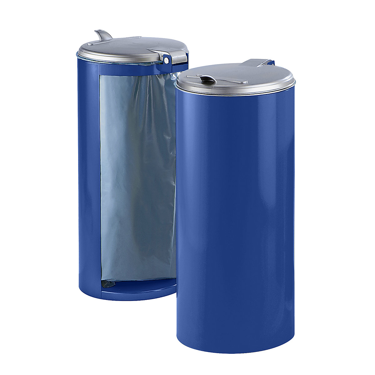 Stahlblech-Abfallsammler VAR, für Volumen 120 l, Front verblendet, blau mit silberfarbenem Kunststoffdeckel-5