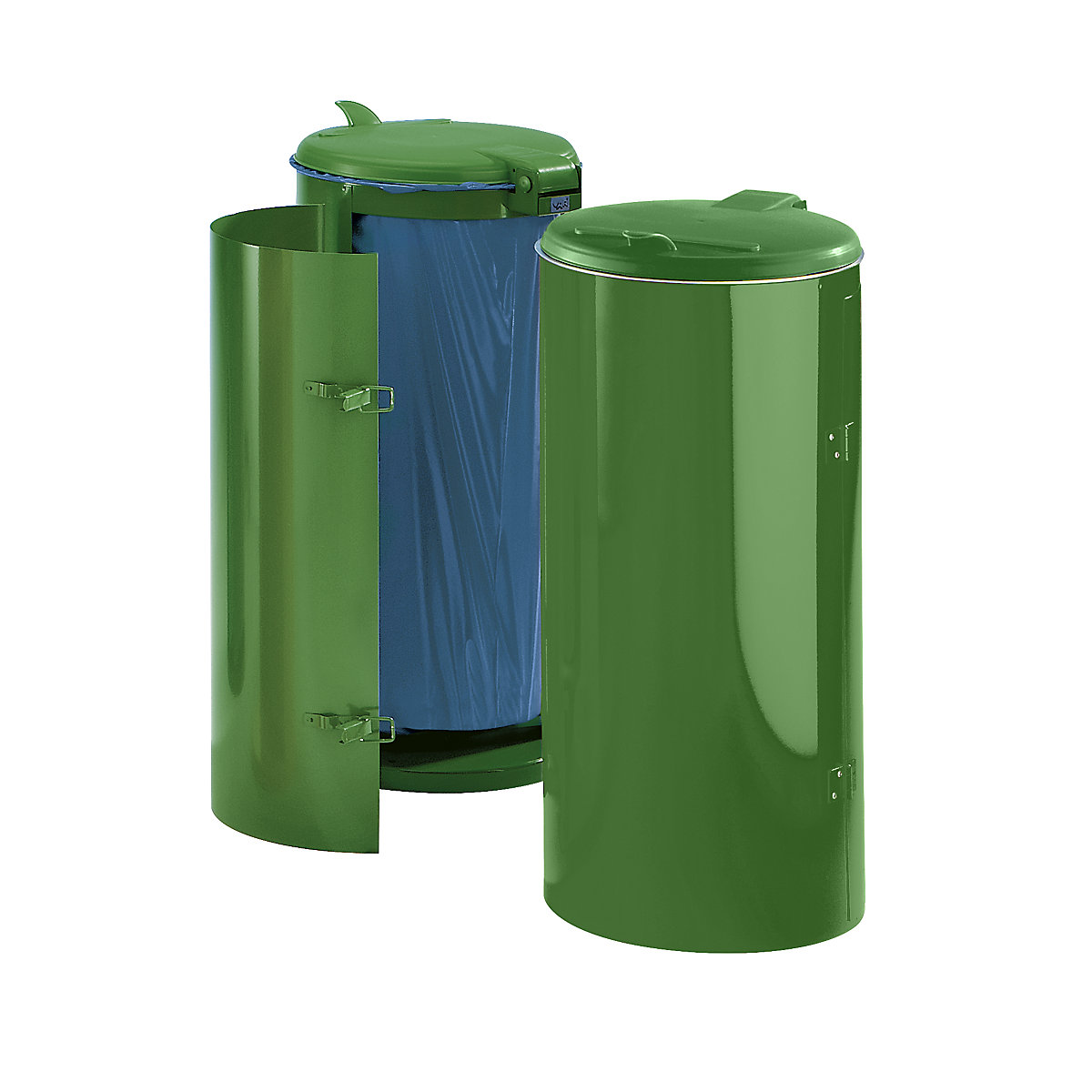 VAR Stahlblech-Abfallsammler, für Volumen 120 l, mit Einflügeltür, grün mit grünem Kunststoffdeckel