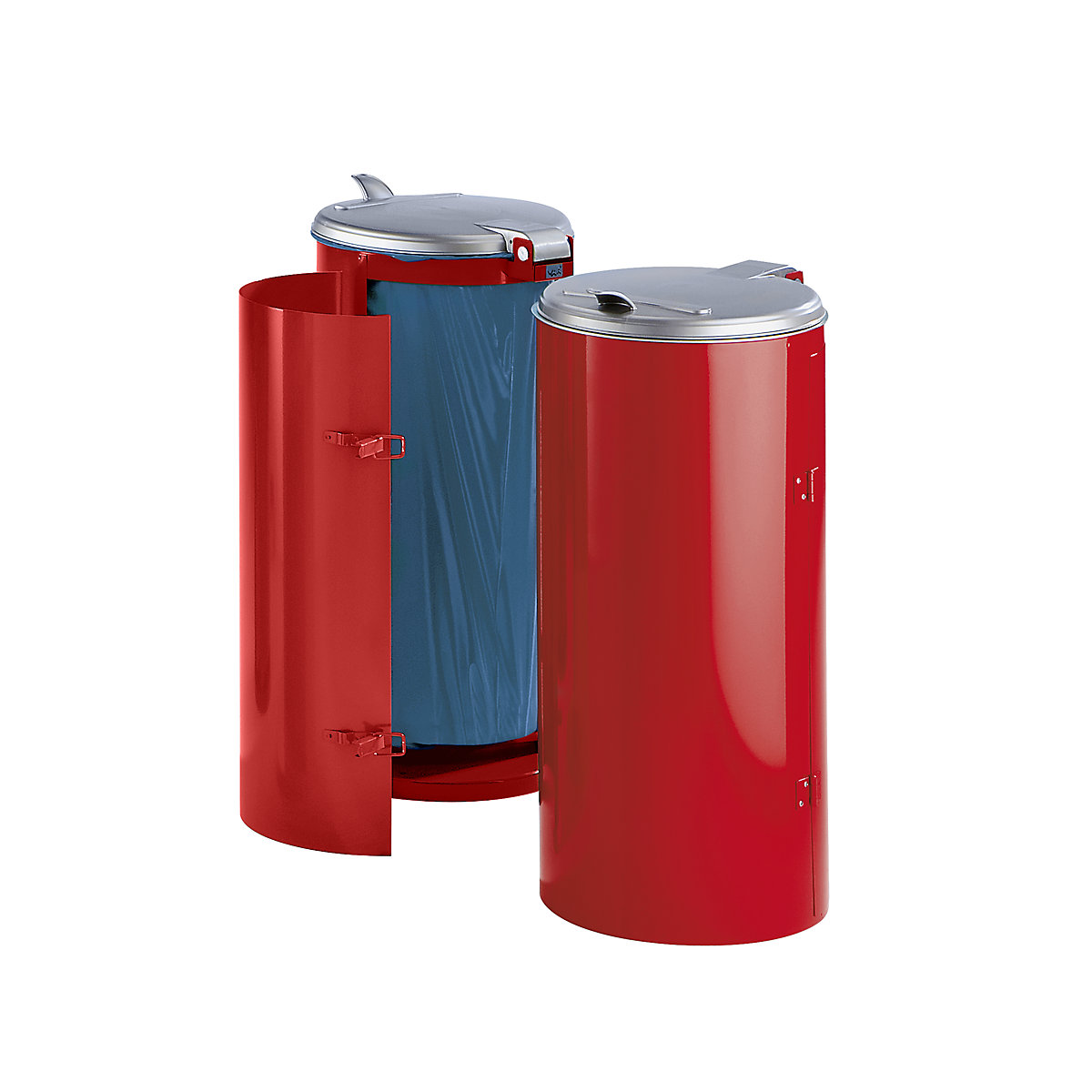 VAR Stahlblech-Abfallsammler, für Volumen 120 l, mit Einflügeltür, rot mit silberfarbenem Kunststoffdeckel