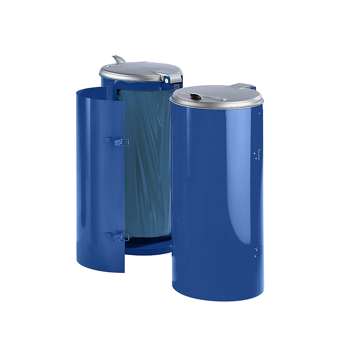 VAR Stahlblech-Abfallsammler, für Volumen 120 l, mit Einflügeltür, blau mit silberfarbenem Kunststoffdeckel