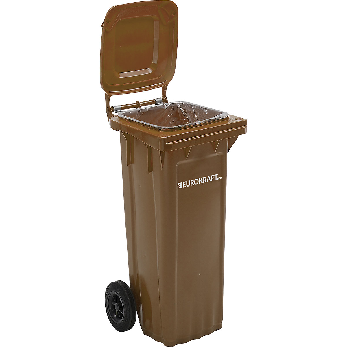 EUROKRAFTpro Mülltonne aus Kunststoff, DIN EN 840, Volumen 80 l, BxHxT 448 x 932 x 514 mm, braun