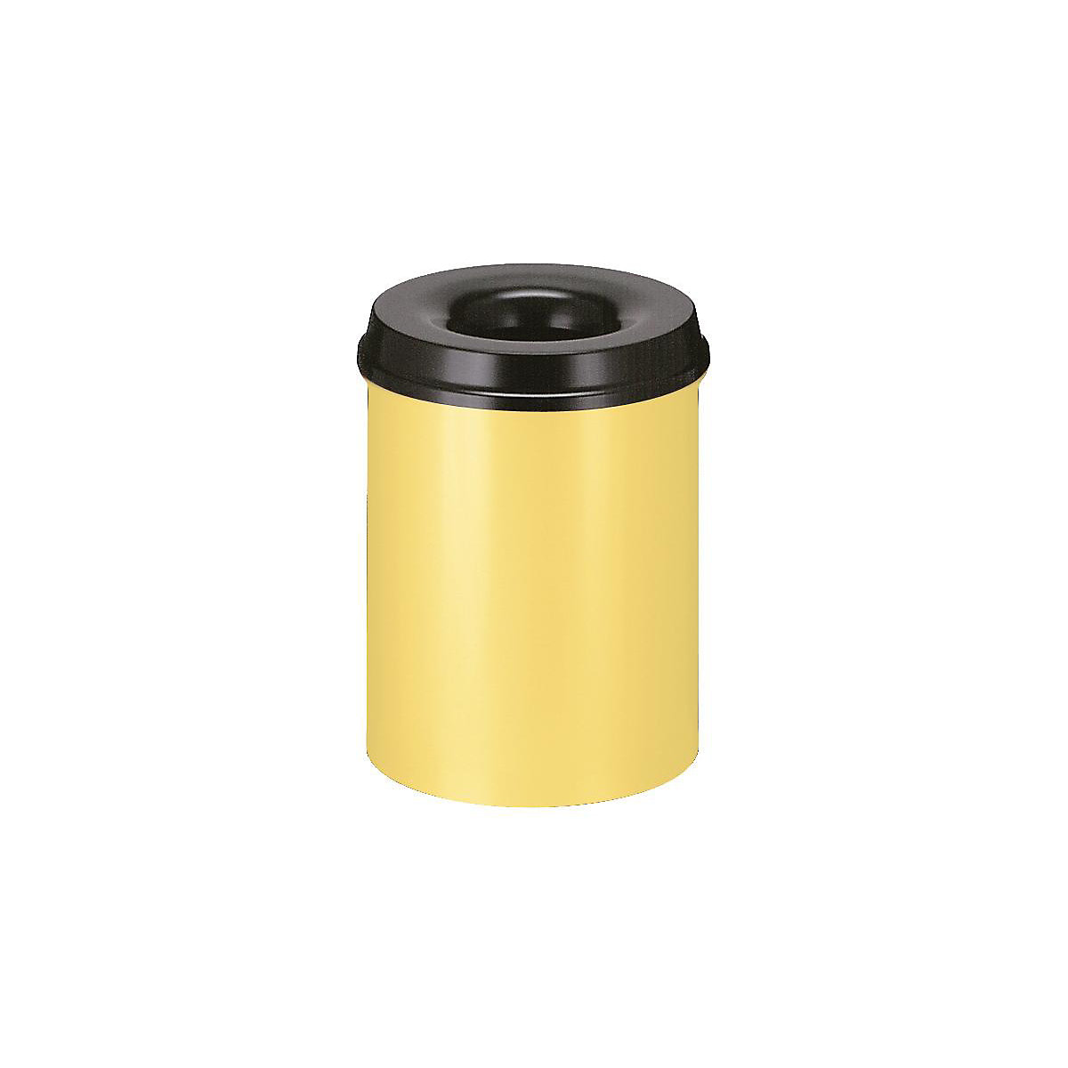 Sicherheits-Papierkorb, Stahl, selbstlöschend, Volumen 15 l, HxØ 360 x 255 mm, Korpus gelb / Löschkopf schwarz