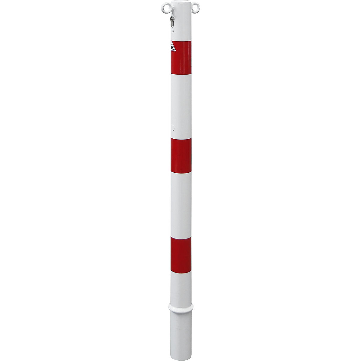 Absperrpfosten, Ø 60 mm, weiß / rot, herausnehmbar mit Profilzylinder, mit 2 Ösen