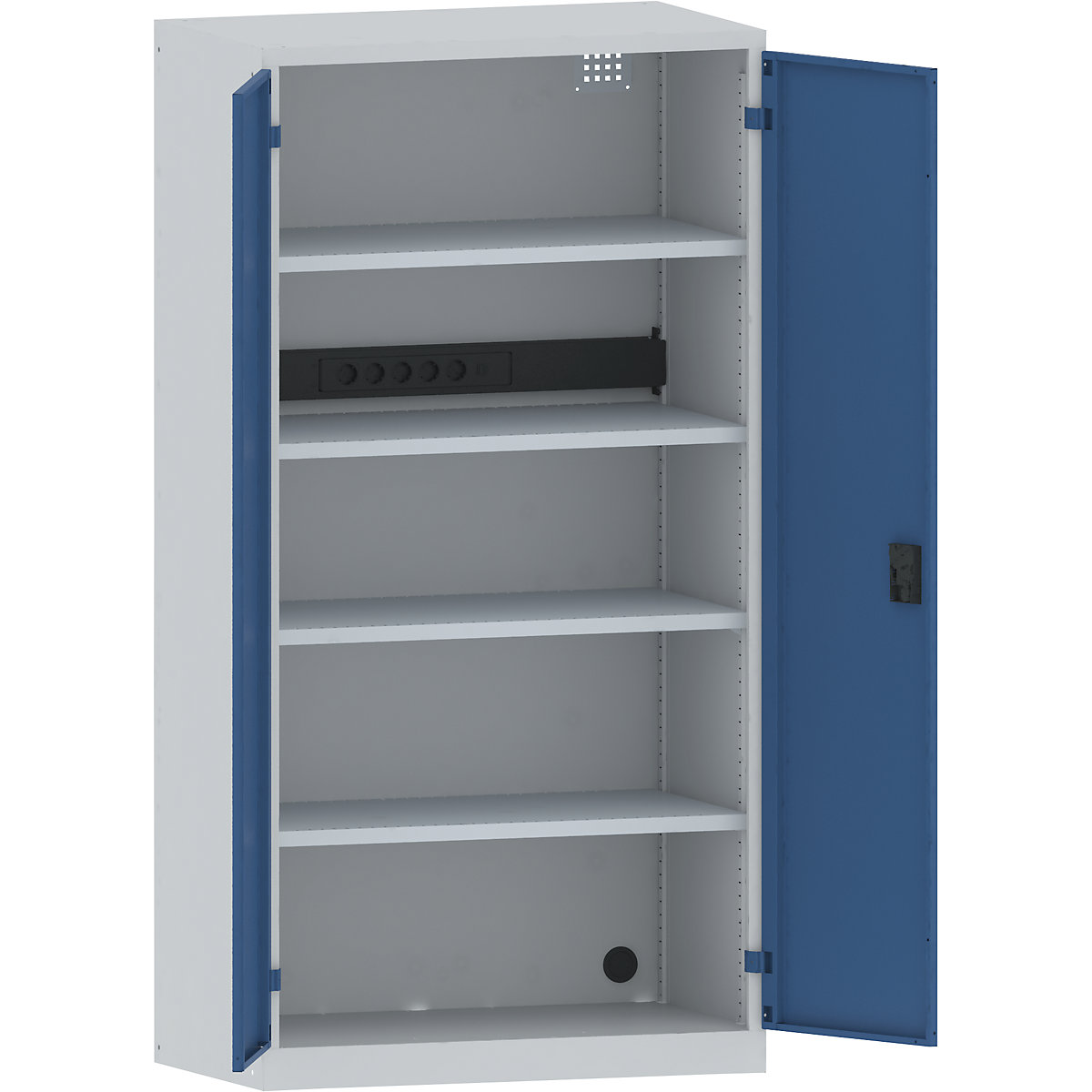 Akkumulátortöltő szekrény – LISTA, 4 polc, sima lemezes ajtók, áramellátó egység a hátoldalon, szürke / kék-14