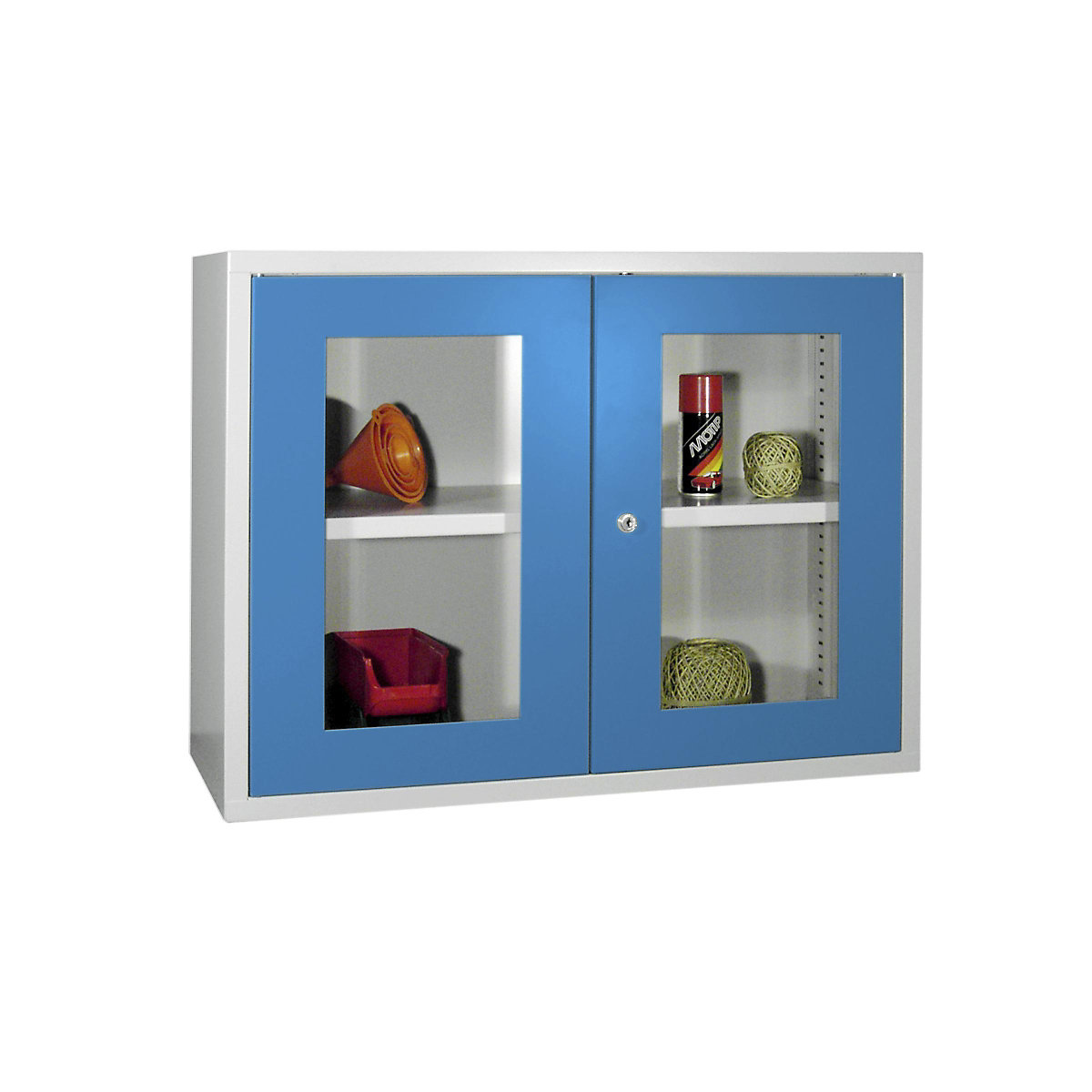 Faliszekrény, magasság 600 mm – Pavoy, ablakos ajtóval/ajtókkal, szélesség 800 mm, sima hátfal, szürke / kék