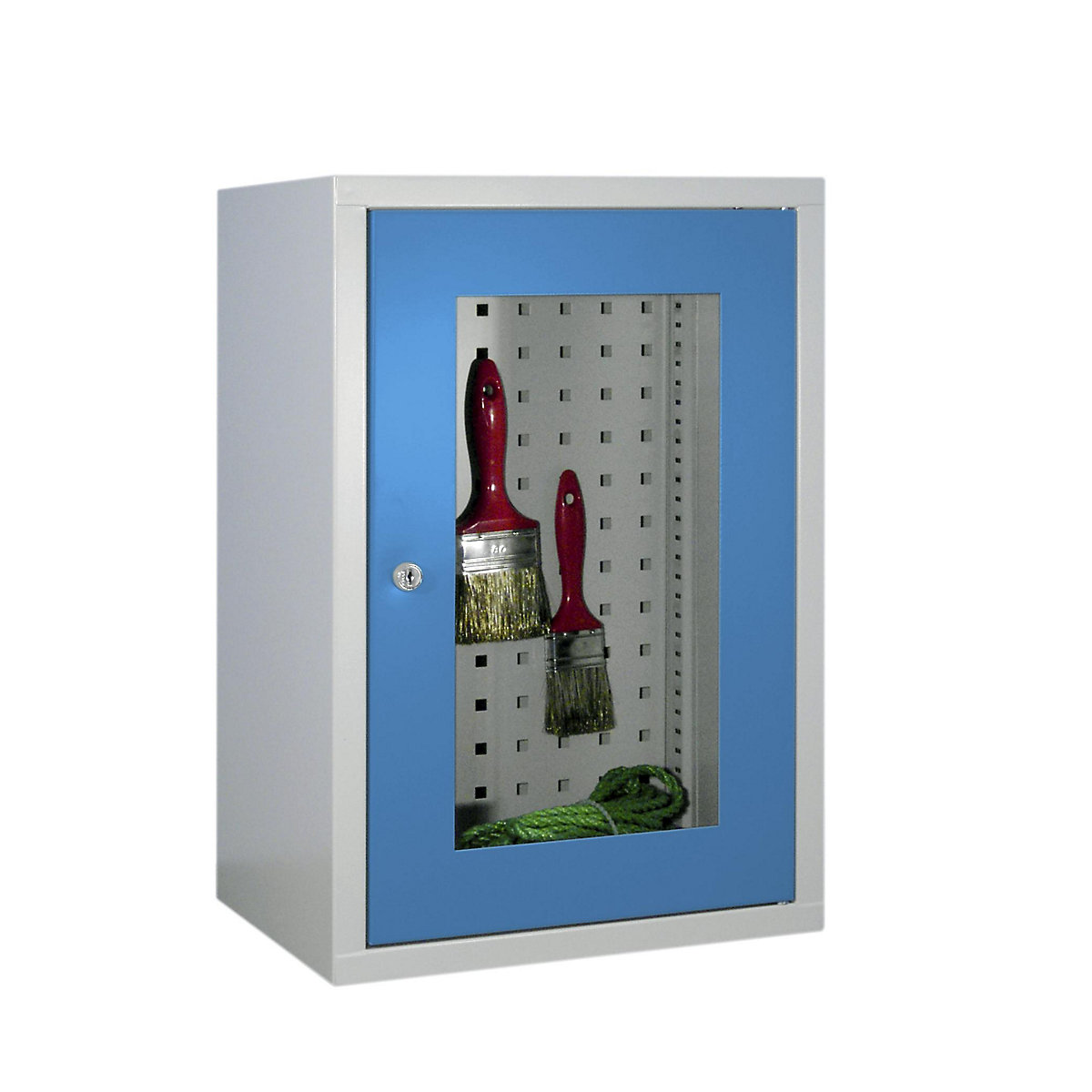 Faliszekrény, magasság 600 mm – Pavoy, ablakos ajtóval/ajtókkal, szélesség 400 mm, perforált hátfal, szürke / kék