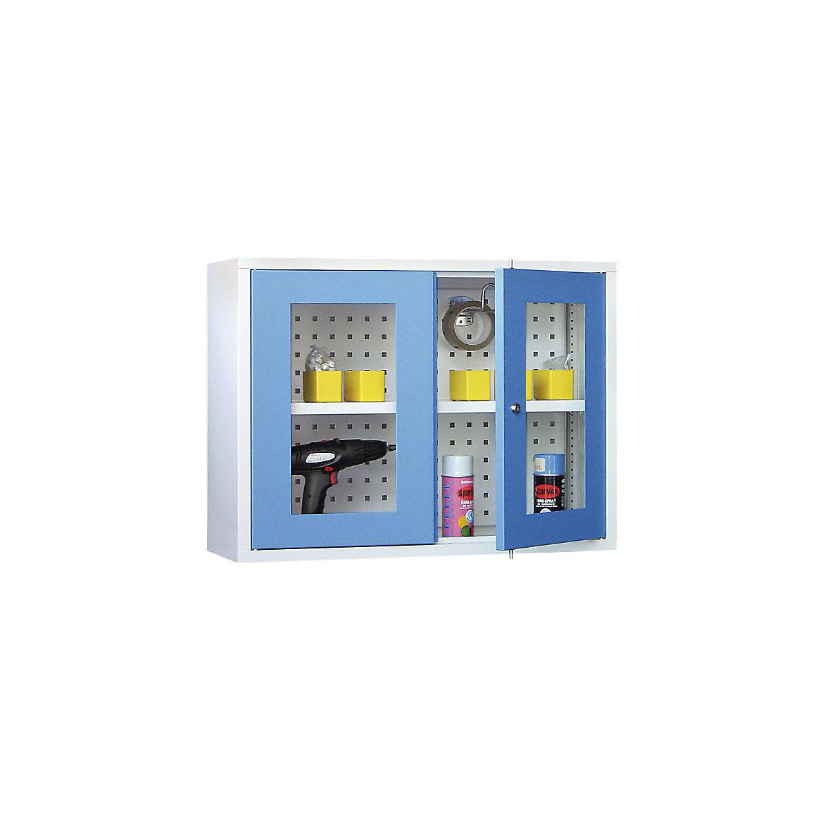 Faliszekrény, magasság 600 mm – Pavoy, ablakos ajtóval/ajtókkal, szélesség 800 mm, perforált hátfal, szürke / kék