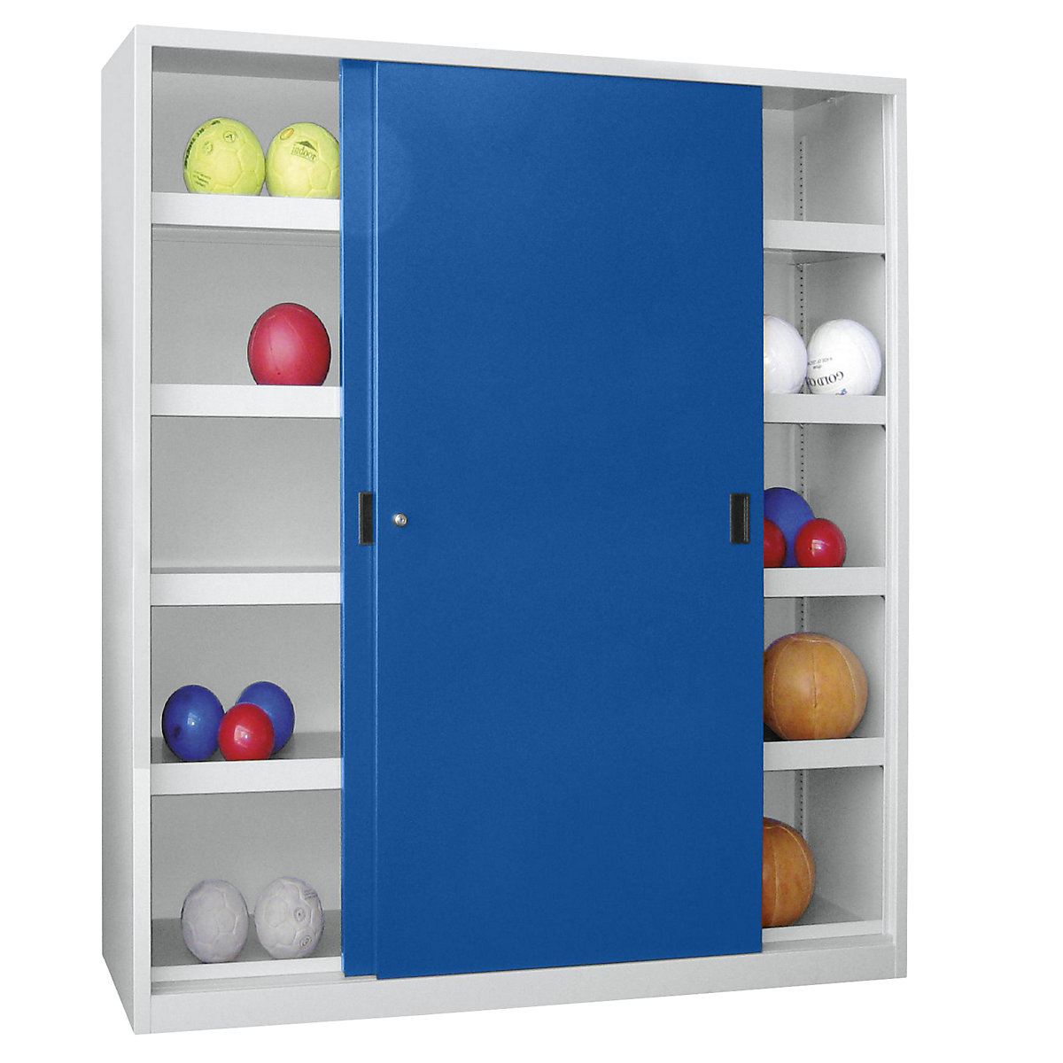 Labdatároló tolóajtós szekrény, magasság 1950 mm – Pavoy, sima ajtókkal, szélesség 1500 mm, szürke / kék