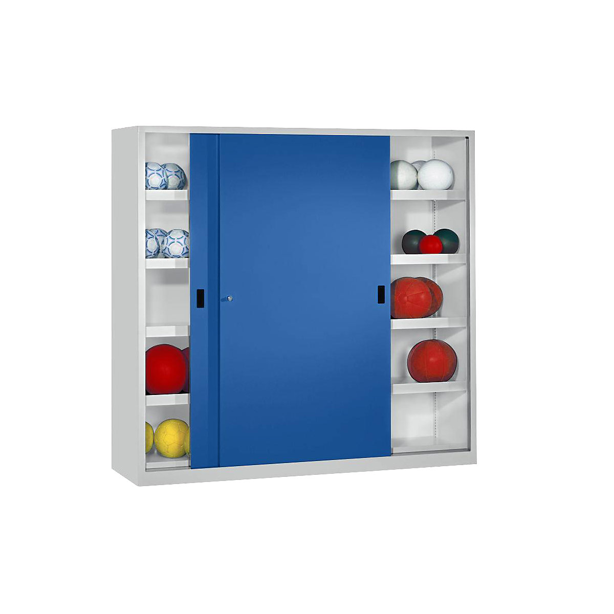 Labdatároló tolóajtós szekrény, magasság 1950 mm – Pavoy, sima ajtókkal, szélesség 2000 mm, szürke / kék