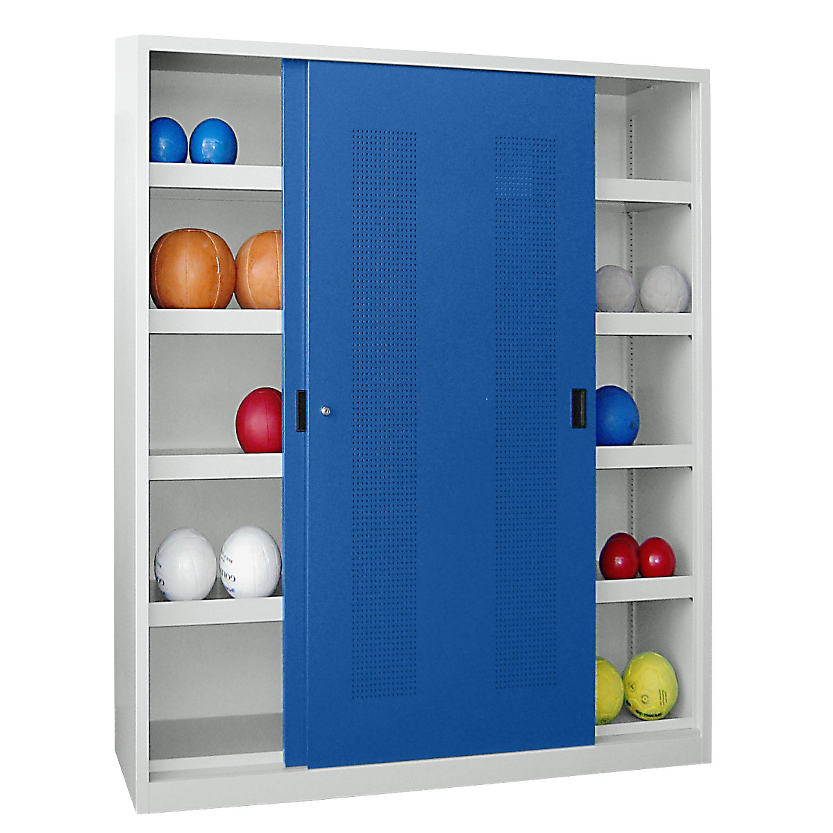 Labdatároló tolóajtós szekrény, magasság 1950 mm – Pavoy, perforált ajtókkal, szélesség 2000 mm, szürke / kék