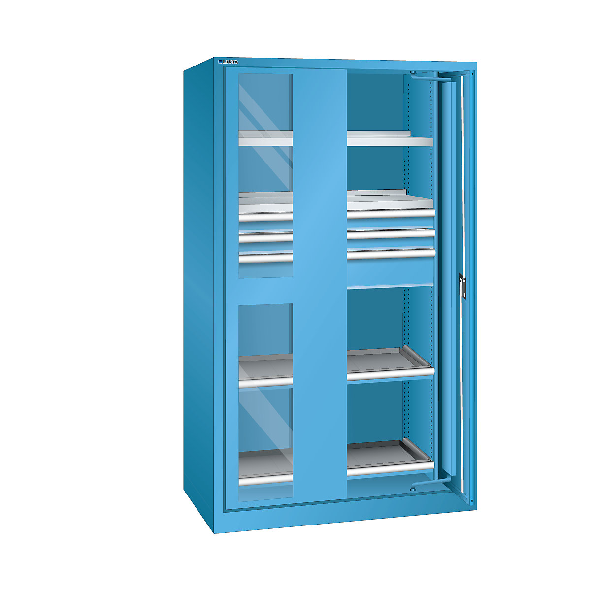 Nagy teherbírású, beforduló ajtós szekrény – LISTA, 3 fiók, 4 polc, ablakos ajtókkal, világoskék-8