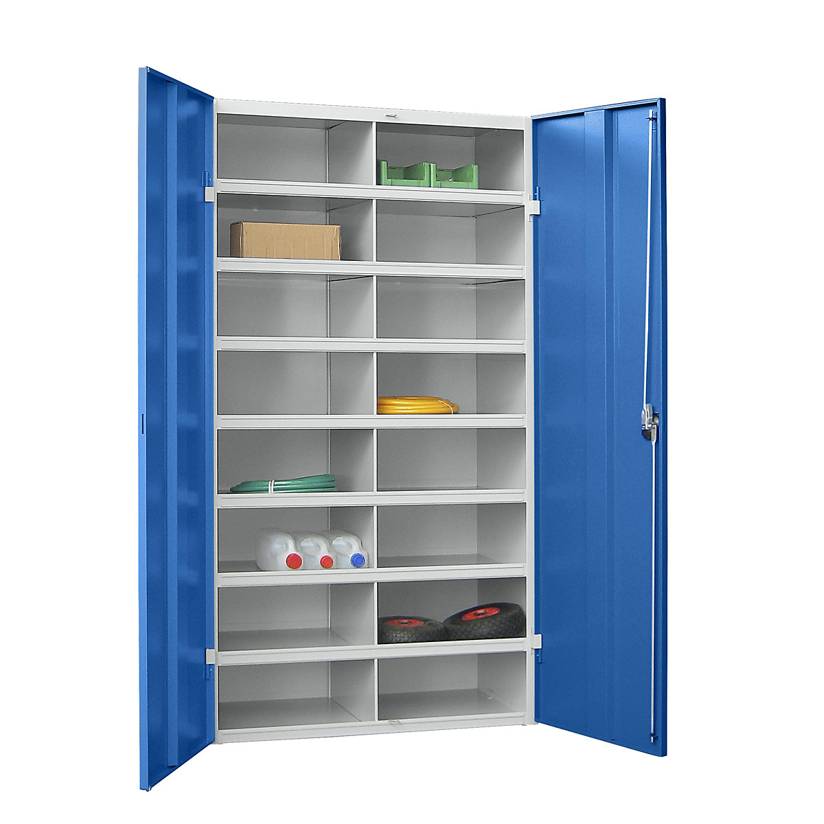 Rekeszes polcos szekrény – Pavoy, 16 rekesz, ajtókkal, szürke / kék