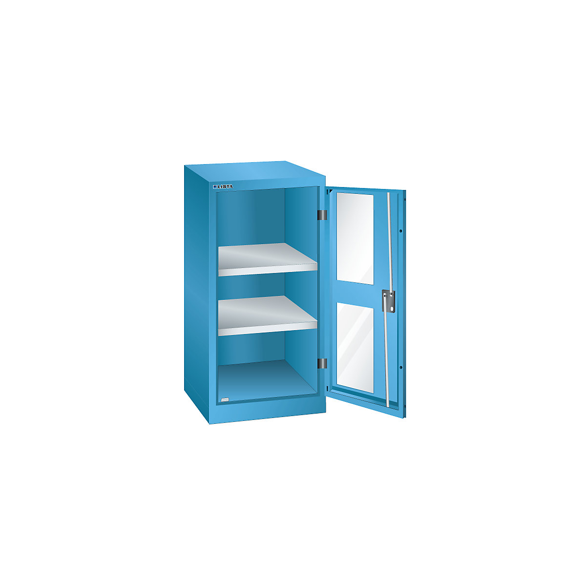 Szárnyasajtós szekrény, 2 polc – LISTA, szélesség 500 mm, ablakkal, világoskék-8
