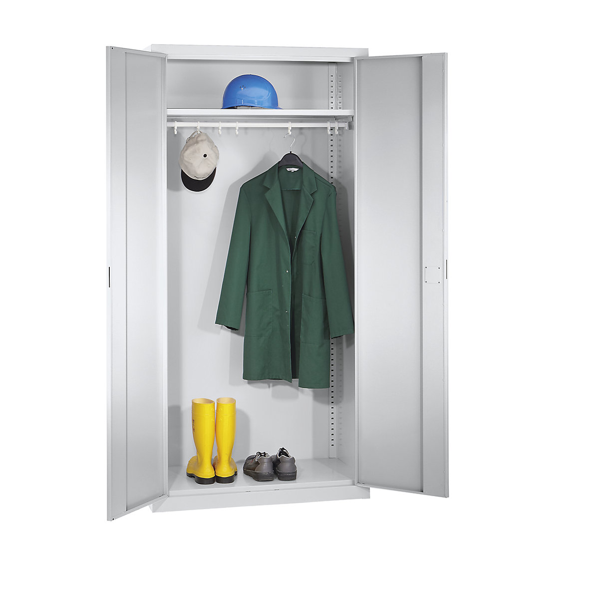 Szárnyasajtós szekrény – eurokraft pro, 1 kalaptartó polc, 1 ruhaakasztó rúd, világosszürke-2