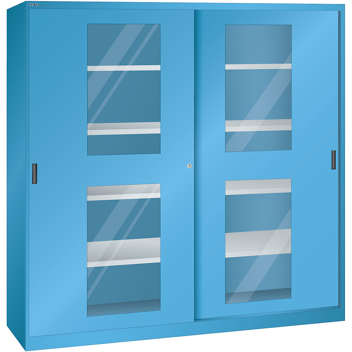 Tolóajtós szekrény ablakos ajtókkal – LISTA, 8 polc, világoskék-8