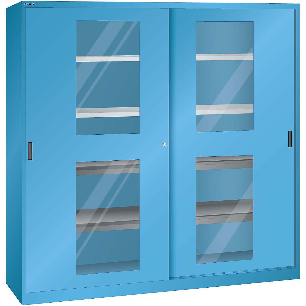 Tolóajtós szekrény ablakos ajtókkal – LISTA, 4 polc, 4 kihúzható polc, világoskék-8