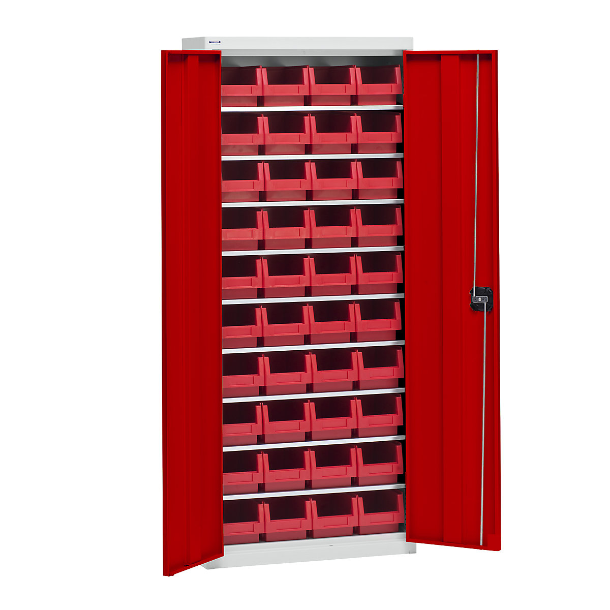 Anyagtároló szekrény tárolódobozokkal – eurokraft pro, magasság 1575 mm, 9 polc, világosszürke / közlekedési piros-6
