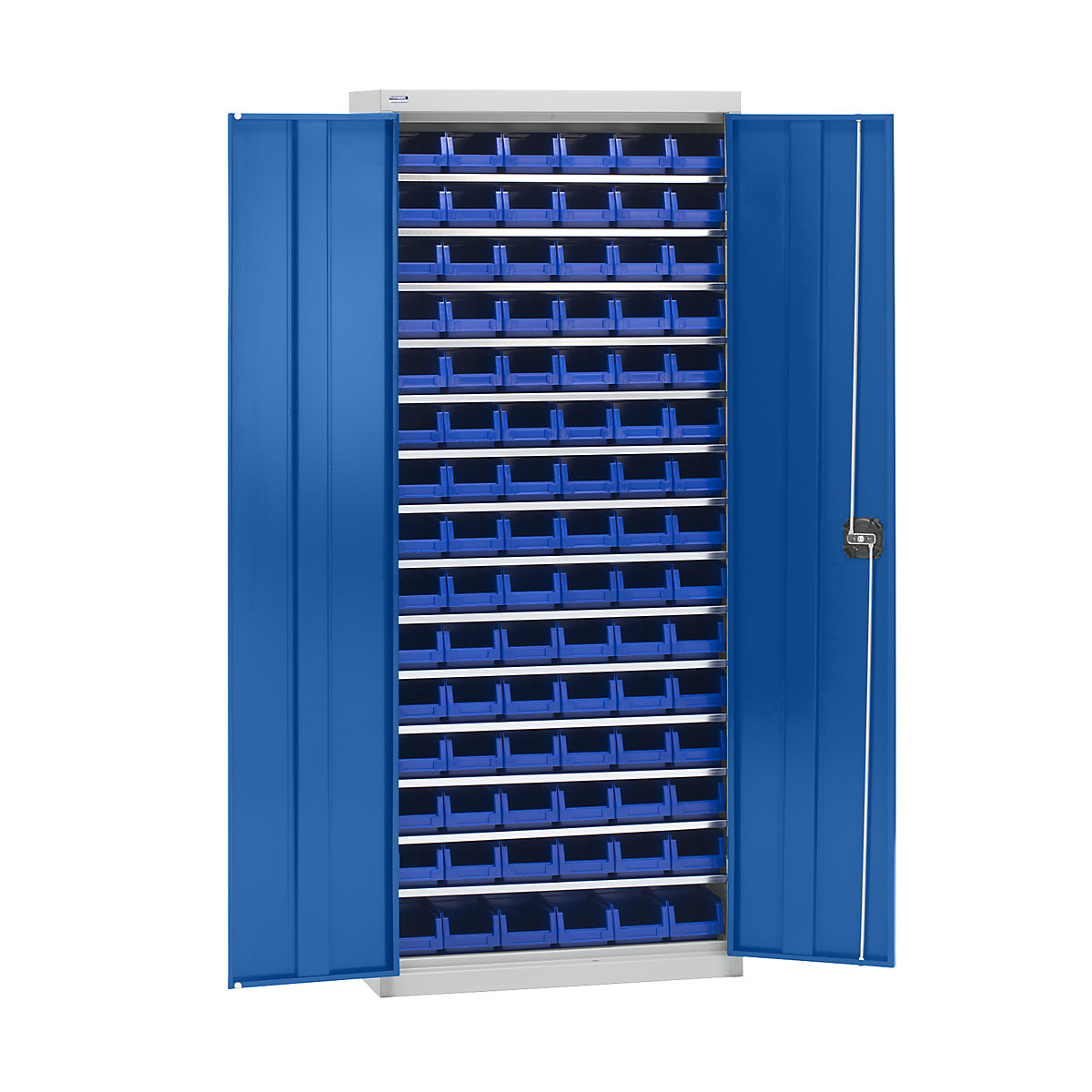 Anyagtároló szekrény tárolódobozokkal – eurokraft pro, magasság 1575 mm, 14 polc, világosszürke / enciánkék-8