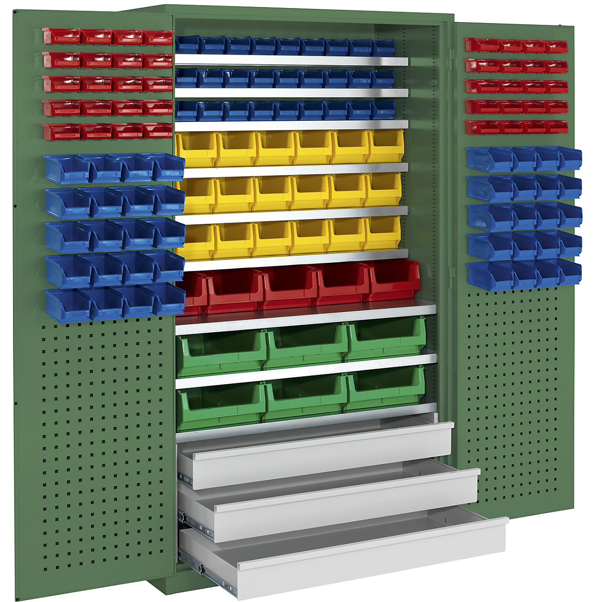 Nagy belső terű szekrény – mauser, 9 polc, 142 nyitott tárolódoboz, 3 fiók, rezedazöld-3
