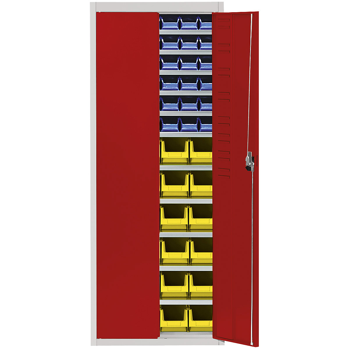 Raktári szekrény nyitott tárolódobozokkal – mauser, ma x szé x mé 1740 x 680 x 280 mm, kétszínű, szürke váz, piros ajtó, 60 doboz-6