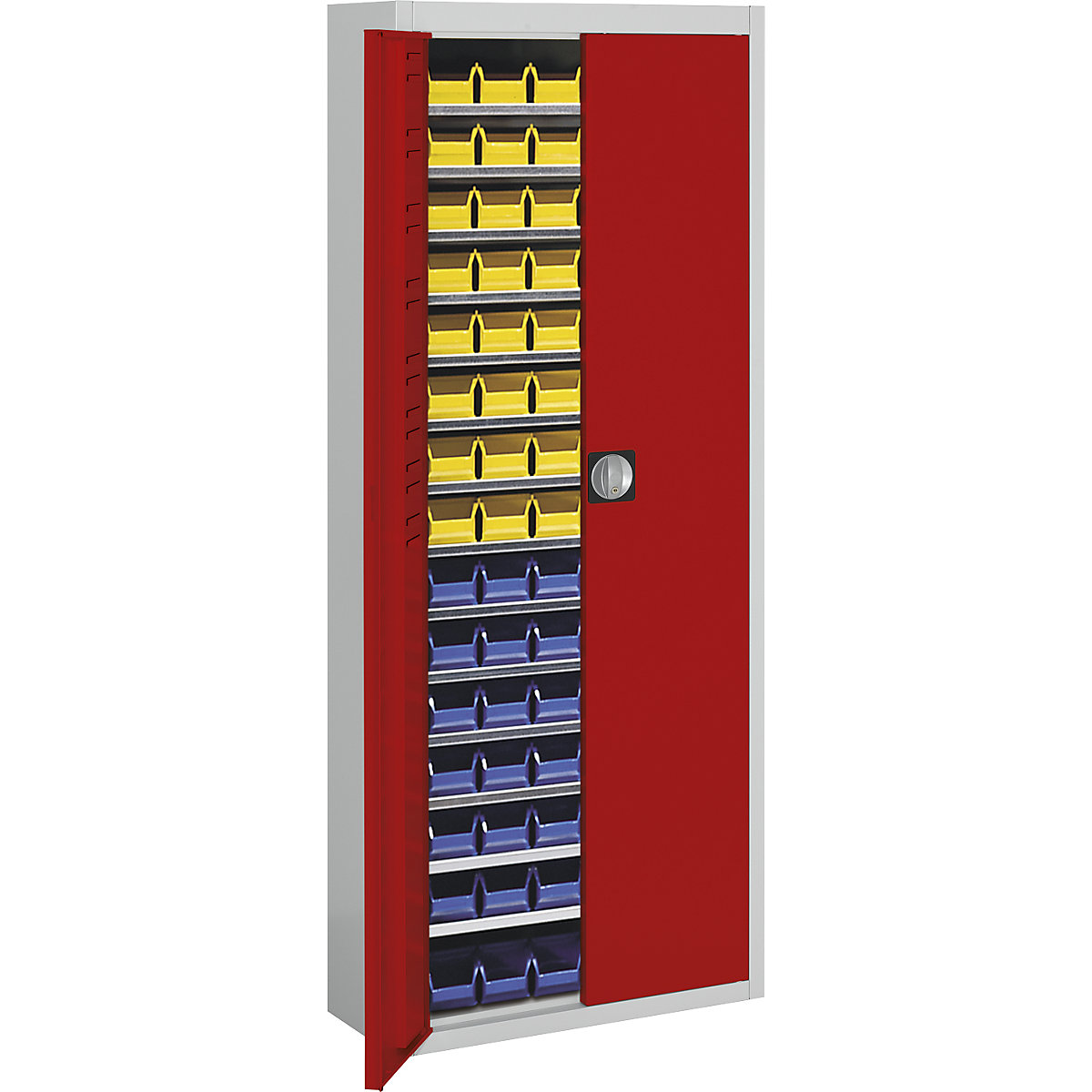 Raktári szekrény nyitott tárolódobozokkal – mauser, ma x szé x mé 1740 x 680 x 280 mm, kétszínű, szürke váz, piros ajtó, 90 doboz-12