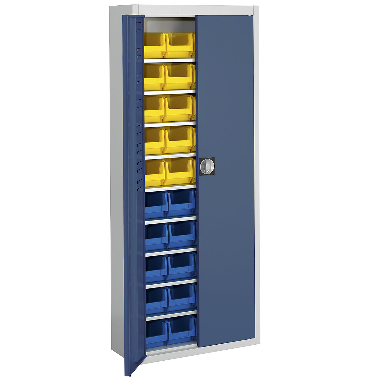 Raktári szekrény nyitott tárolódobozokkal – mauser, ma x szé x mé 1740 x 680 x 280 mm, kétszínű, szürke váz, kék ajtó, 40 doboz-17