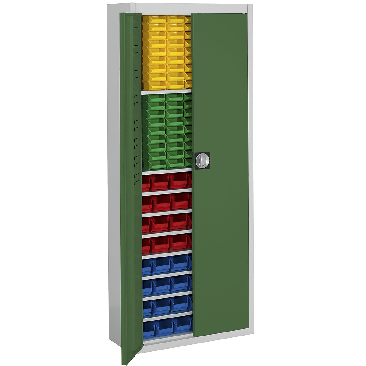 Raktári szekrény nyitott tárolódobozokkal – mauser, ma x szé x mé 1740 x 680 x 280 mm, kétszínű, szürke váz, zöld ajtó, 138 doboz-14