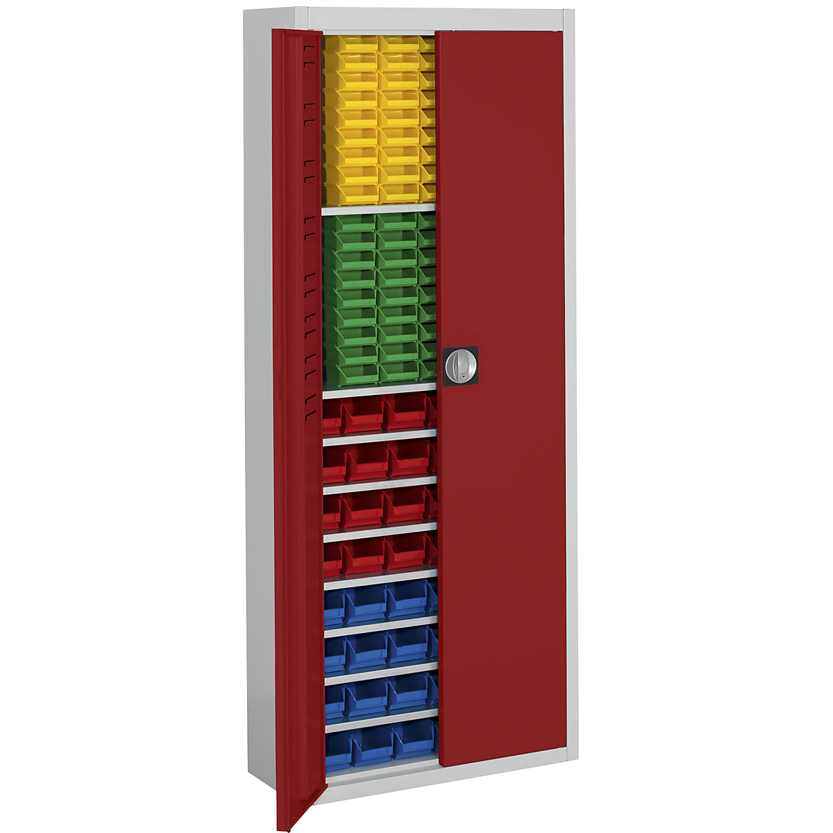 Raktári szekrény nyitott tárolódobozokkal – mauser, ma x szé x mé 1740 x 680 x 280 mm, kétszínű, szürke váz, piros ajtó, 138 doboz-3