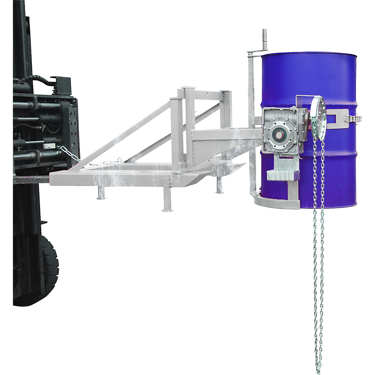 Drum tilting unit – eurokraft pro, with rotary mechanism and chain loop, zinc plated