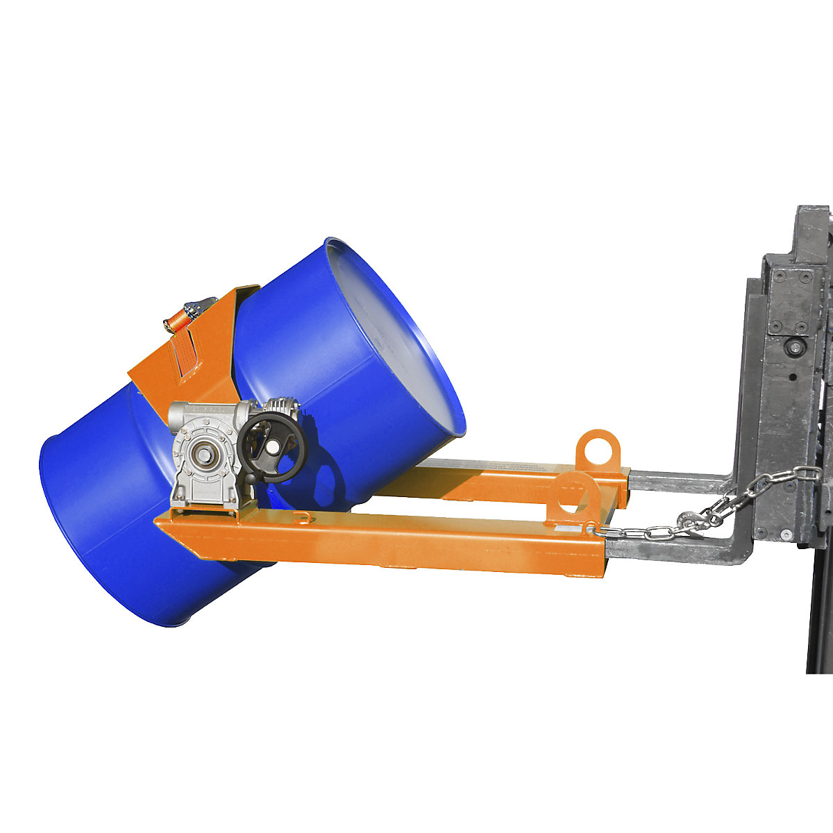 Drum tilting unit – eurokraft pro, for forklift and crane operation, with hand crank, painted yellow orange