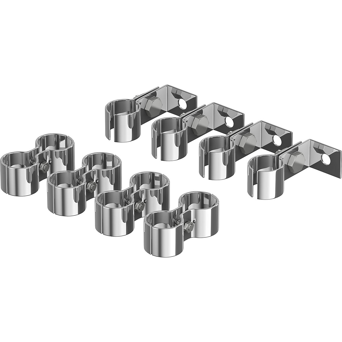 Set of connection clamps and wall brackets