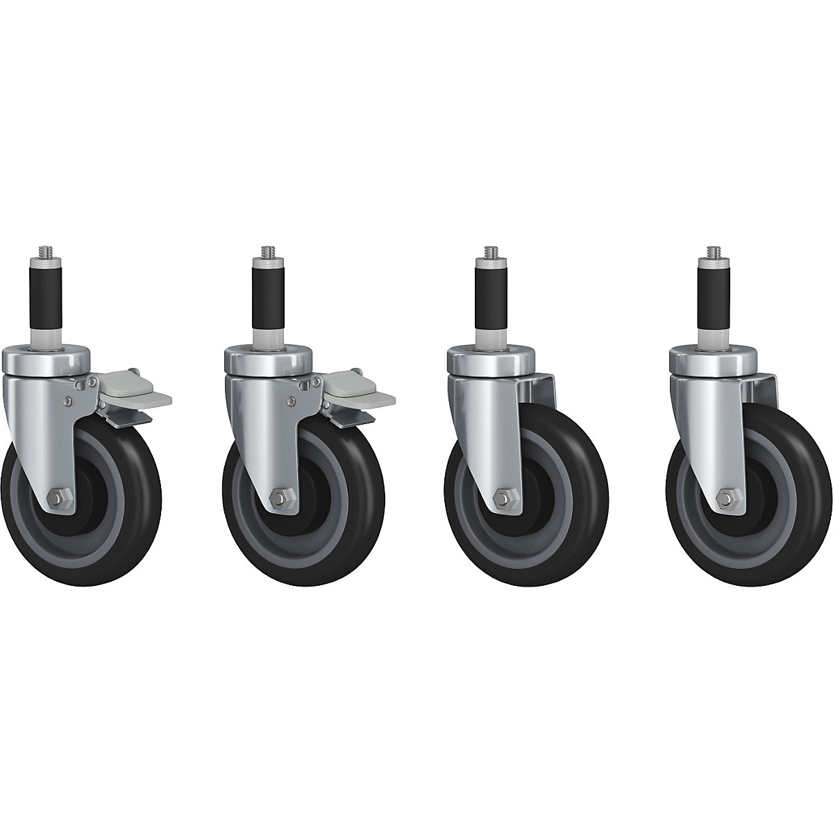 Set of swivel castors with stops and without stops