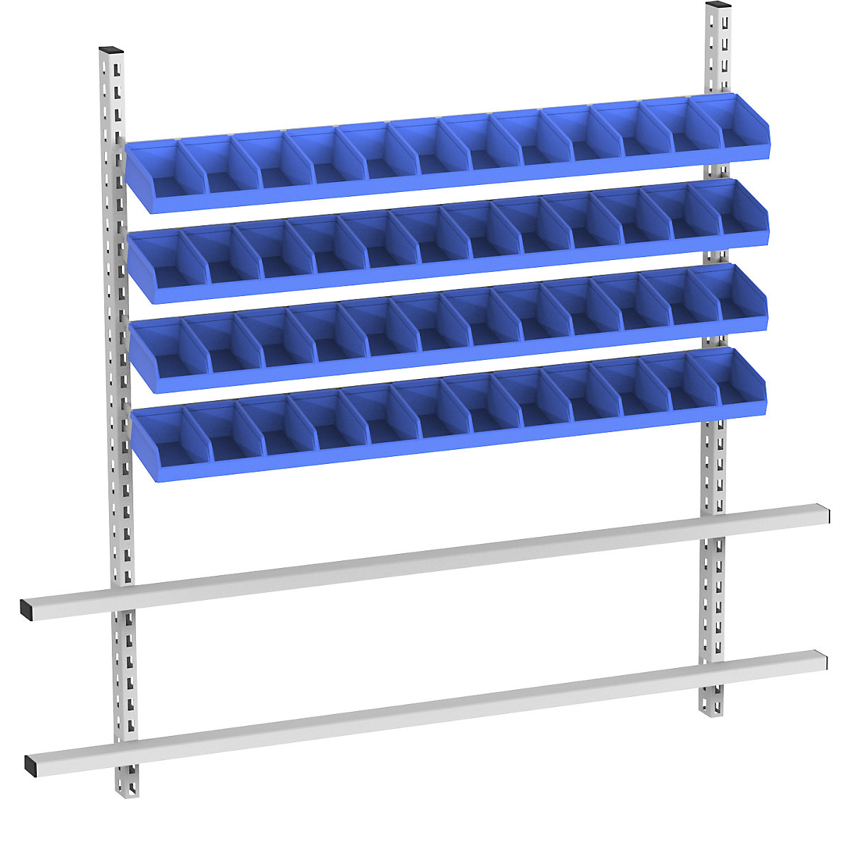Add-on for table with open fronted storage bins, width 1685 mm, 4 rails with 48 boxes, bins in blue-1