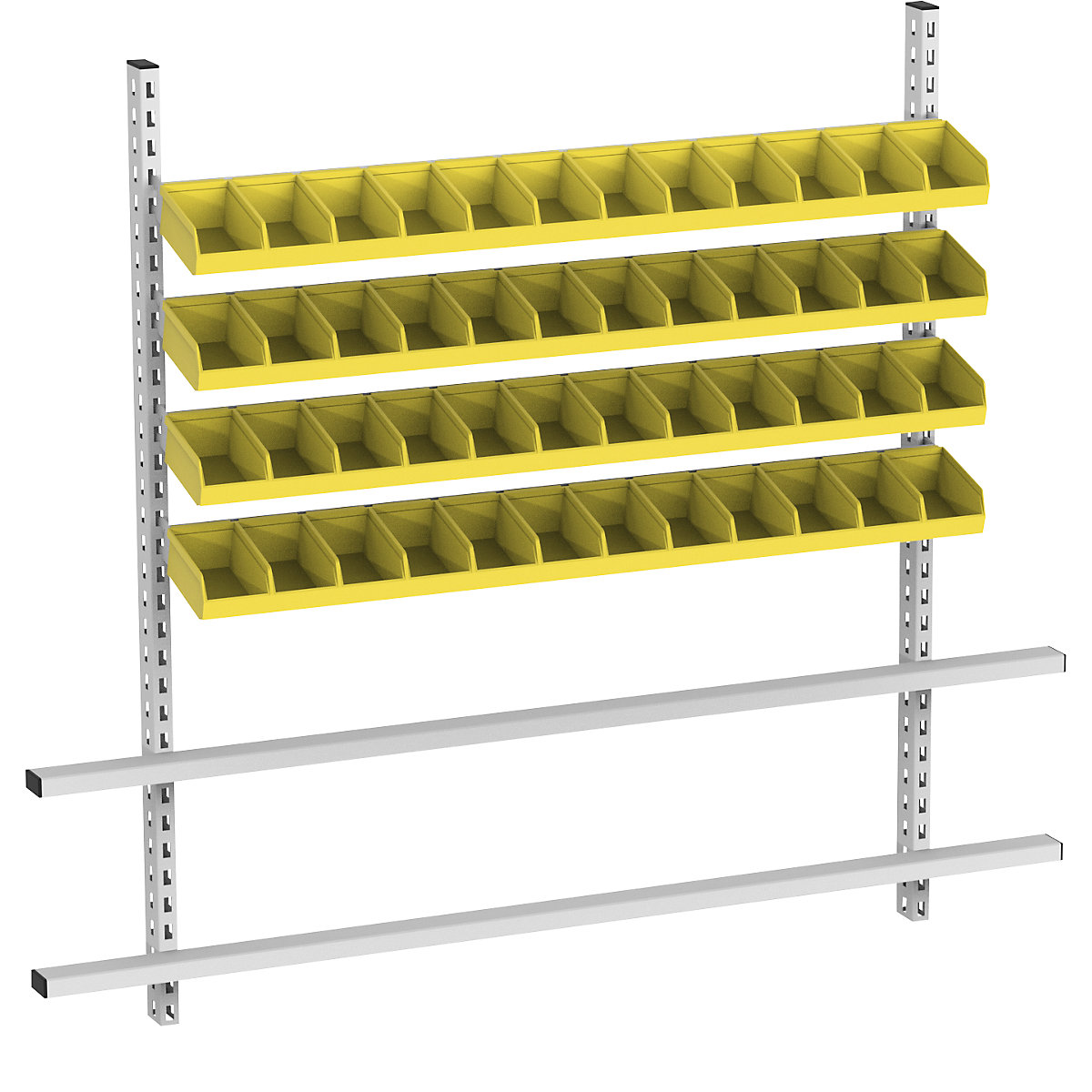 Add-on for table with open fronted storage bins, width 1685 mm, 4 rails with 48 boxes, bins in yellow-2