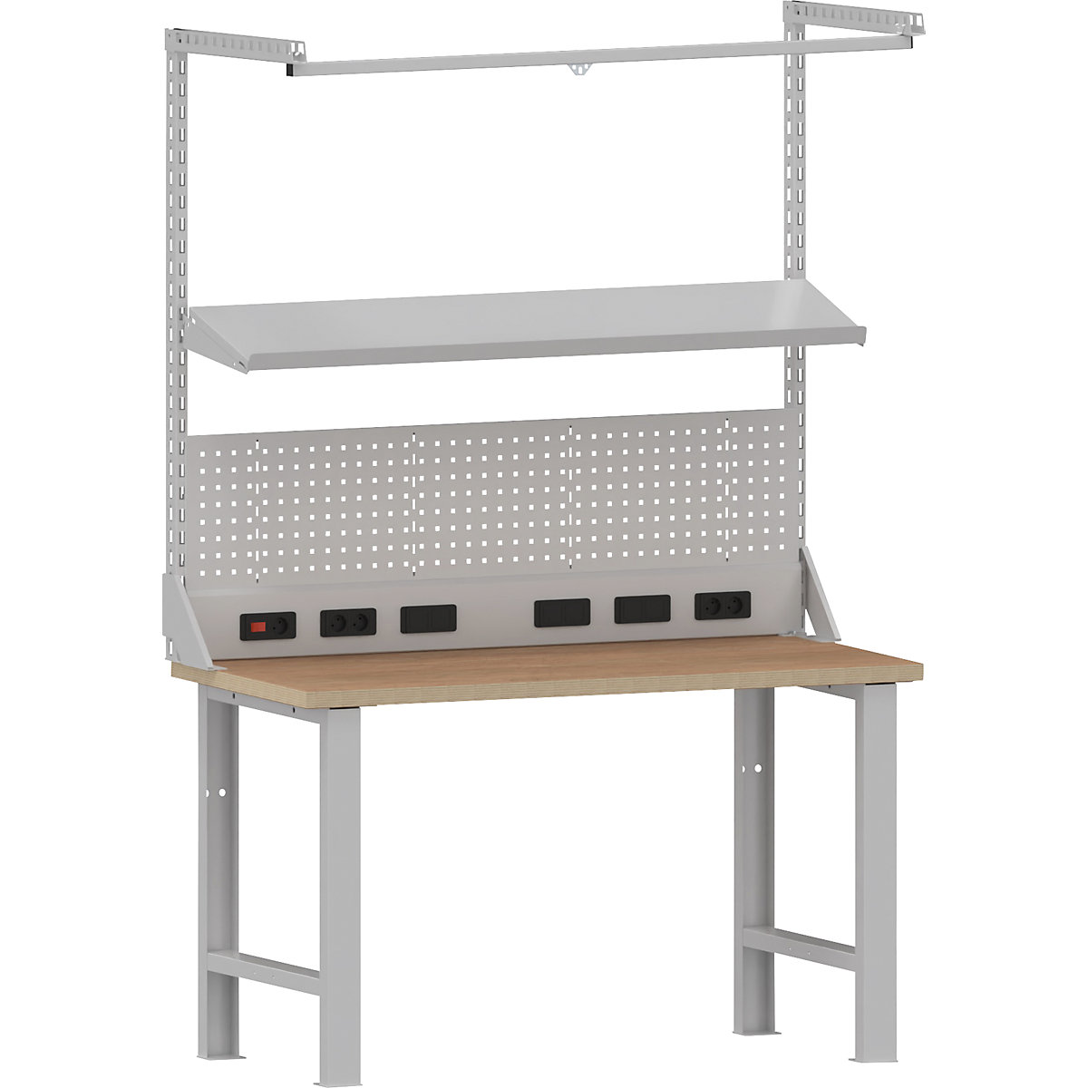 Multifunctional add-on module for workbench – LISTA, with perforated panel, equipment rail, adjustable shelf and rear power panel, width 1500 mm