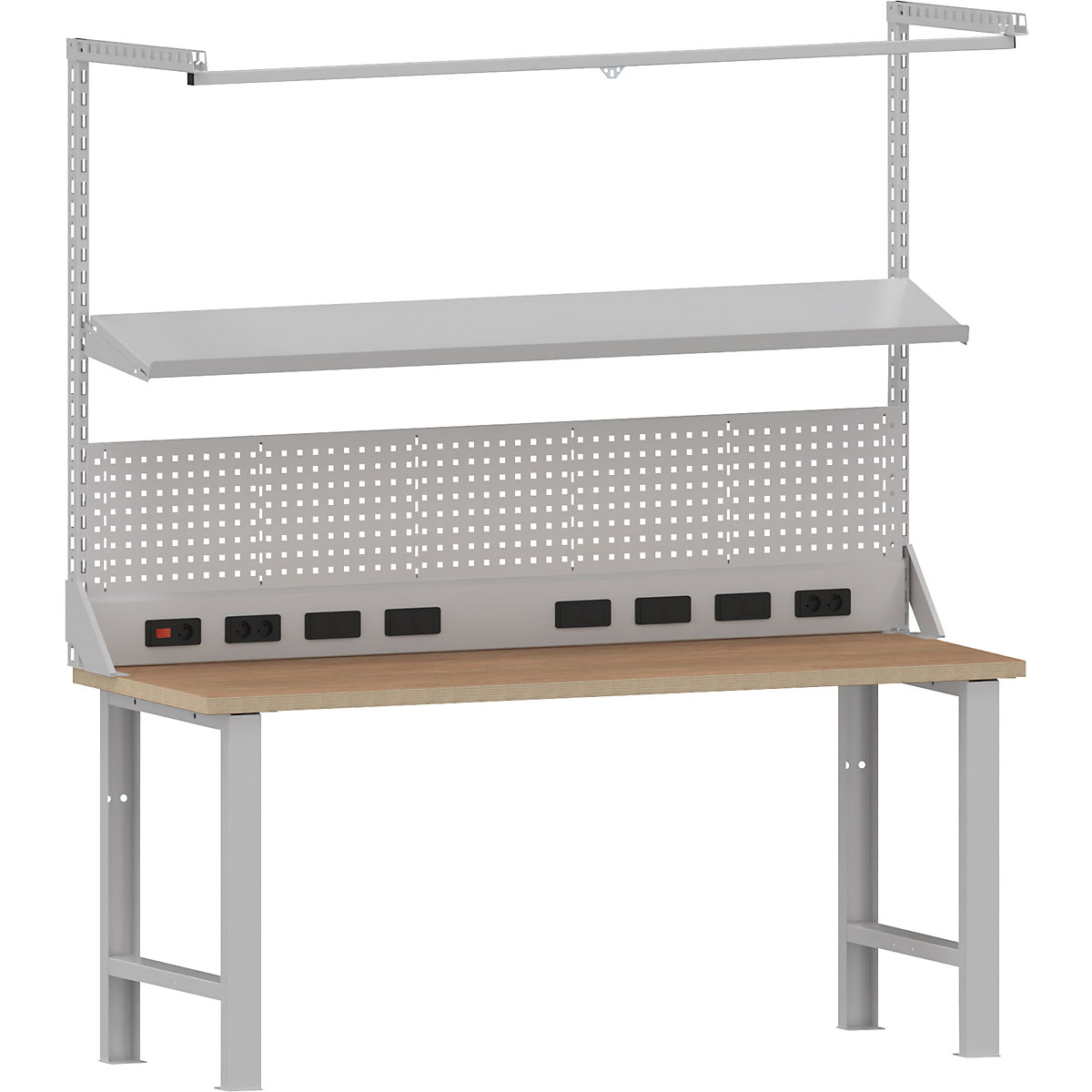 Multifunctional add-on module for workbench – LISTA, with perforated panel, equipment rail, adjustable shelf and rear power panel, width 2000 mm