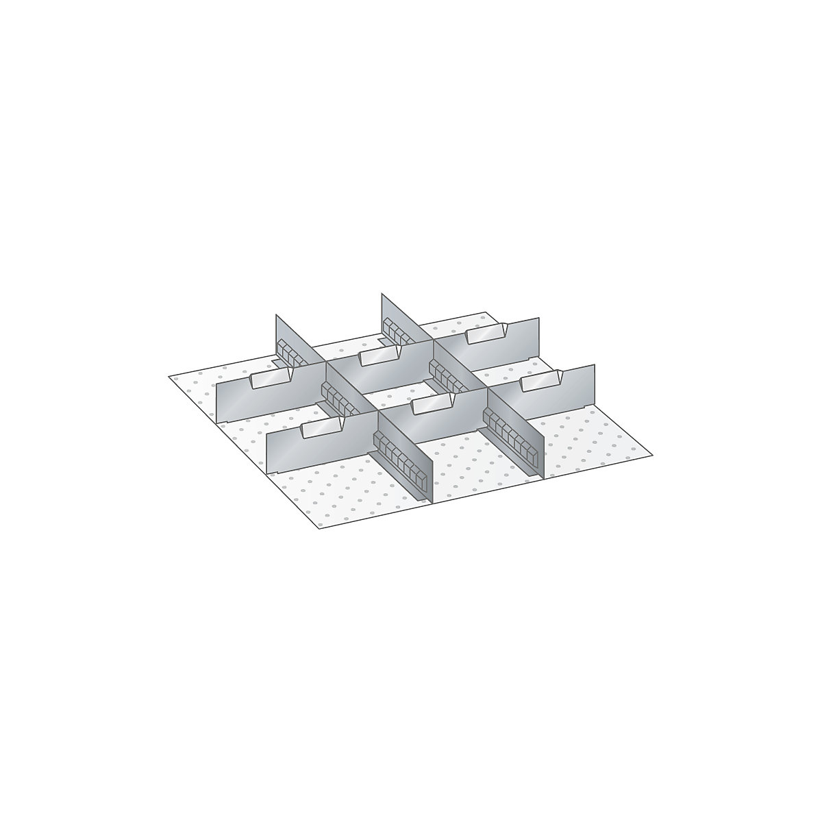 LISTA – Conjunto de divisórias para gavetas com dimensões de 459 x 459 mm, alumínio, 2 paredes ranhuradas, 6 chapas separadoras, altura frontal 250 mm