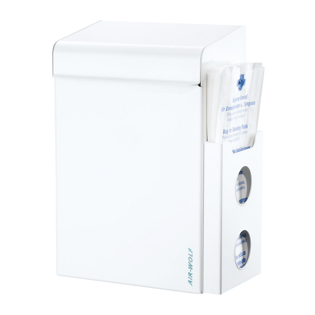 AIR-WOLF – Coletor de lixo para produtos de higiene com dispensador de sacos, volume 8 l, LxAxP 220 x 342 x 153 mm, aço inoxidável branco