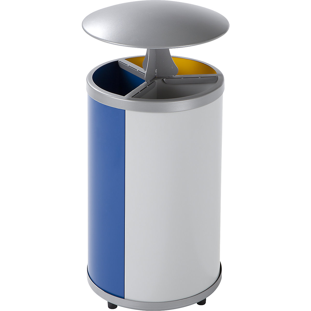 Afvalbak voor kringloopmateriaal, rond – VAR, inhoud 3 x 30 l, h x Ø = 950 x 420 mm, met dakje, geel, blauw, grijs-4
