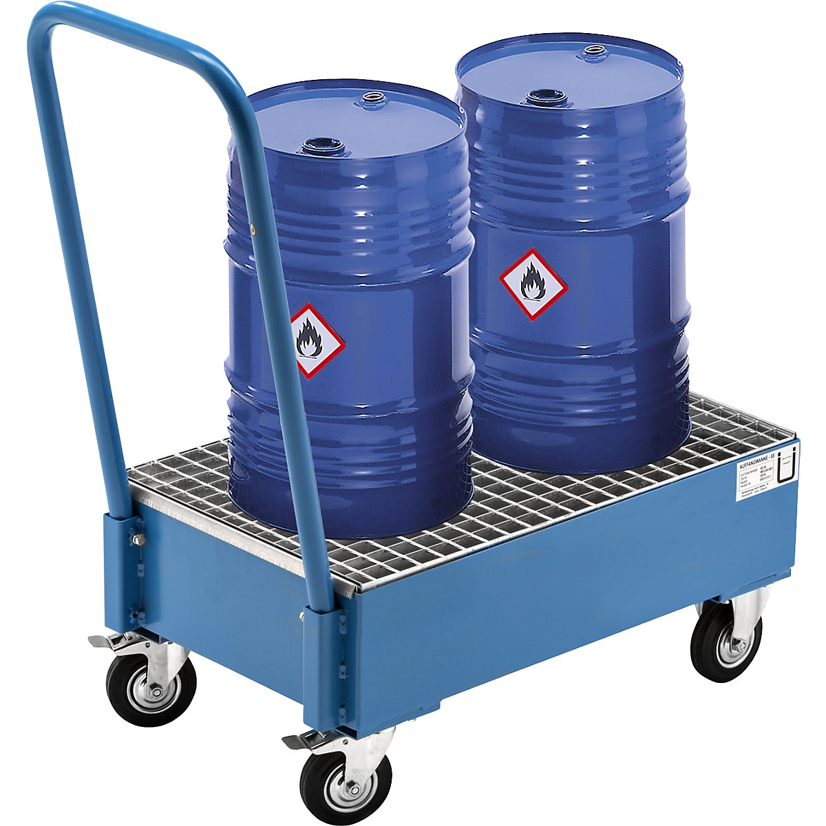 Cubeto de retención rodante de chapa de acero – eurokraft basic, L x A 800 x 500 mm, 2 bidones de 60 l de pie, galvanizado al horno-2