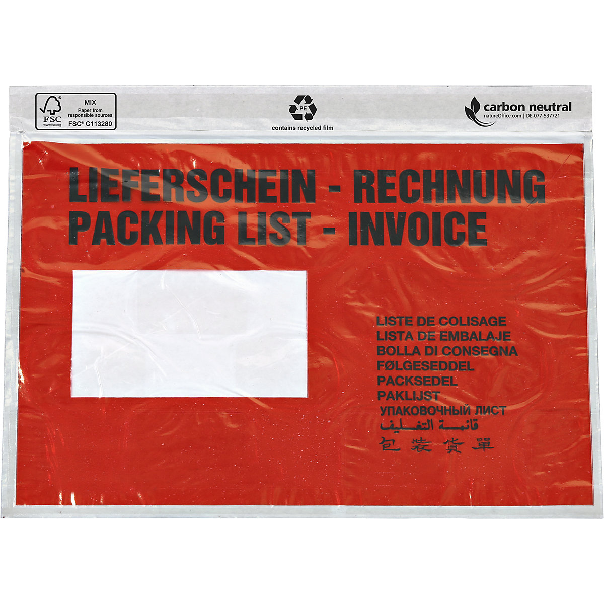 Plicuri pentru documente, cu certificare FSC®, amb. 250 buc., pentru DIN C5, cu inscripționare „Lieferschein / Rechnung''