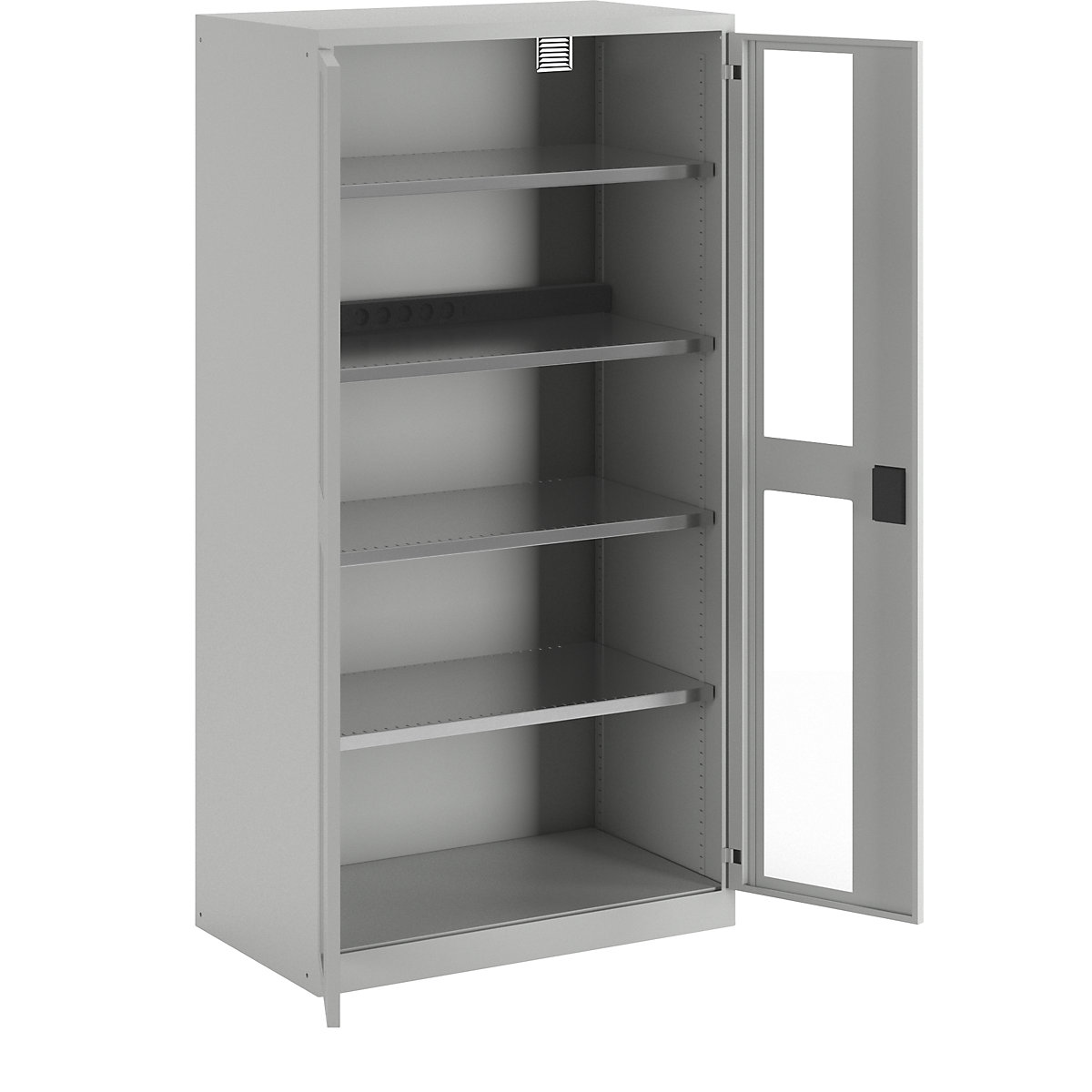 Armadietto caricabatterie – LISTA, 4 ripiani, ante con finestrella, set di prese multiple sul retro, grigio-6