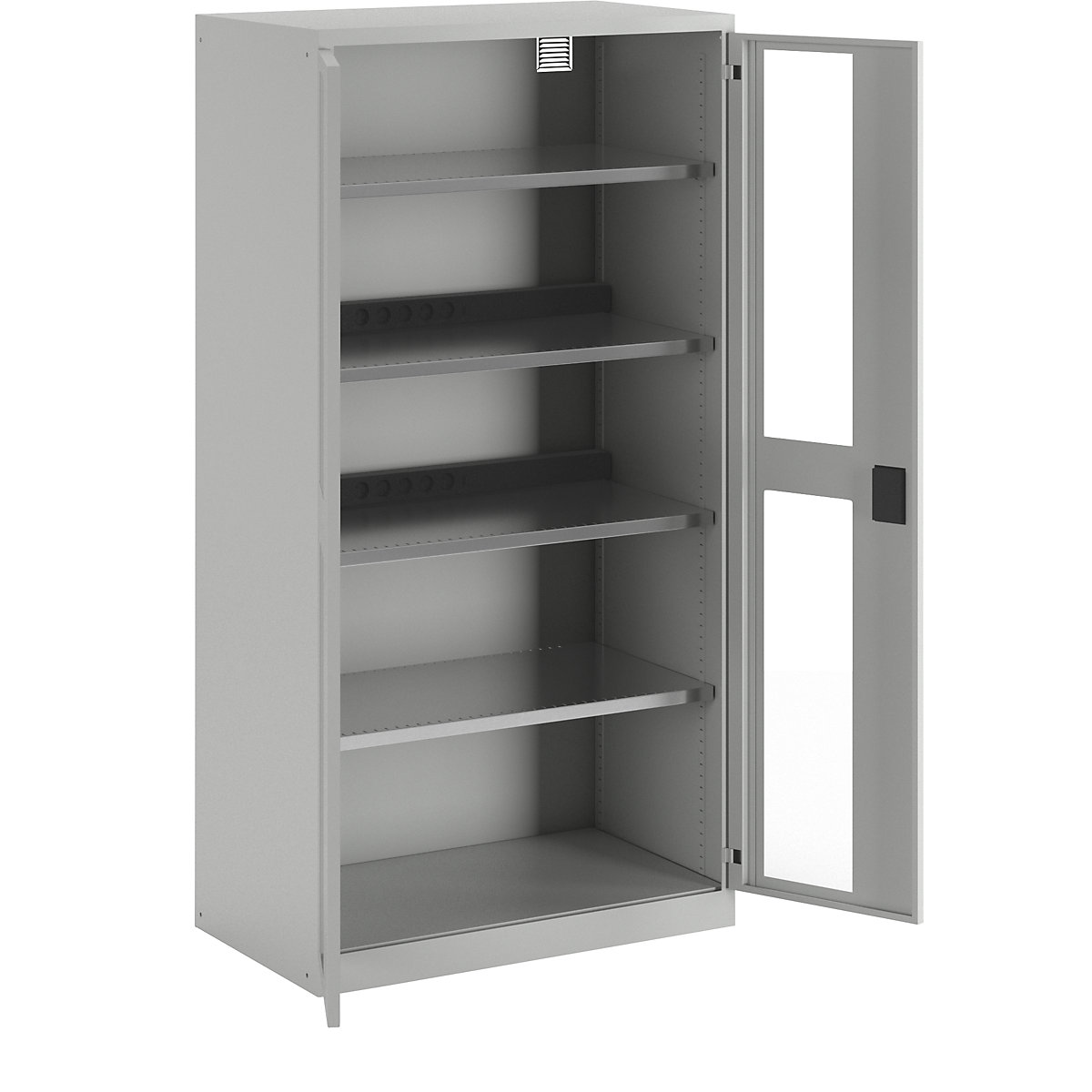 Armadietto caricabatterie – LISTA, 4 ripiani, ante con finestrella, 2 set di prese multiple sul retro, grigio-15