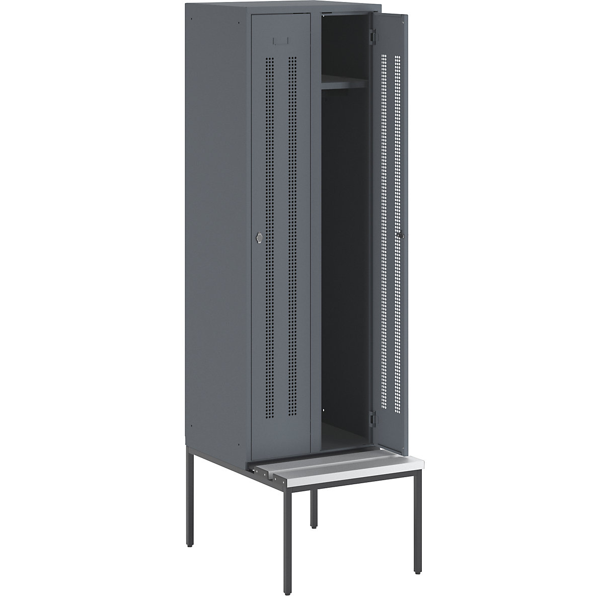 Vestiar Berlin 1 cu bancă – Wolf, 2 module, gri albăstrui, lăț. 600 mm, pe podea, plastic-23