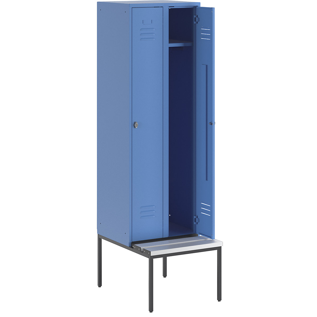 Vestiar Berlin 2 cu bancă – Wolf, 2 module, albastru deschis, lăț. 600 mm, pe podea, plastic-27